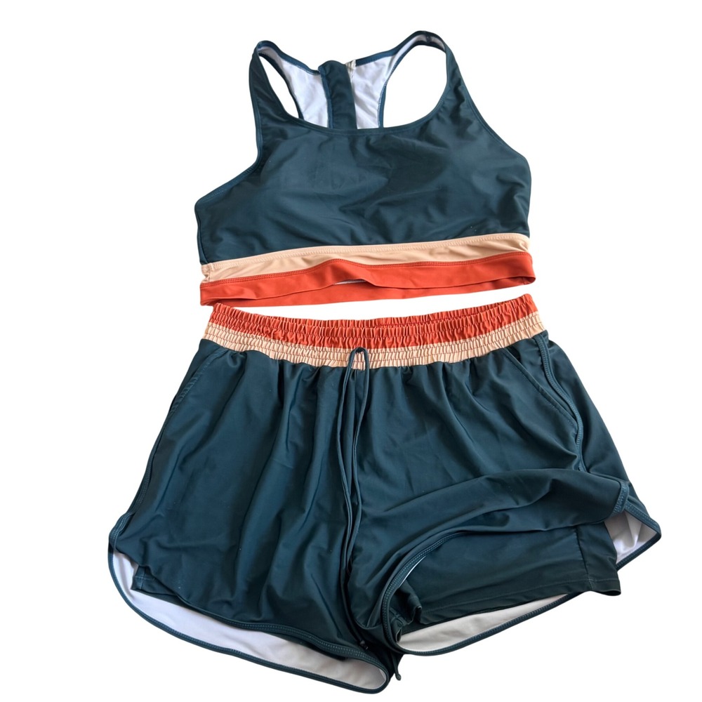 SeaFancy Women Teal Colorblock Swimsuit Set Sports Bra and Lined Shorts XL